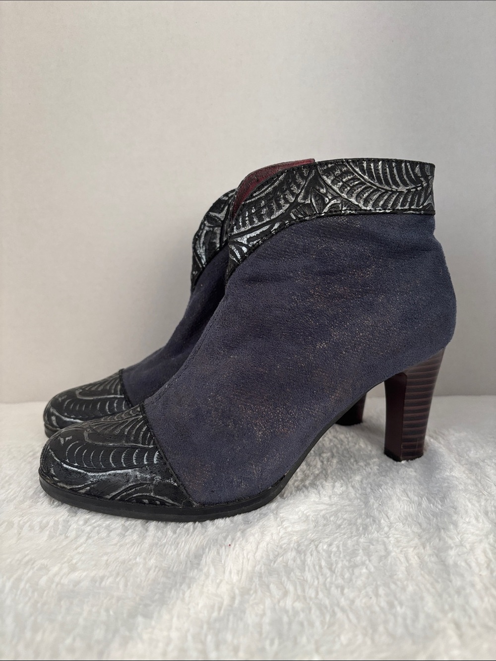 Women's Navy Suede Ankle Booties with Textured Trim
